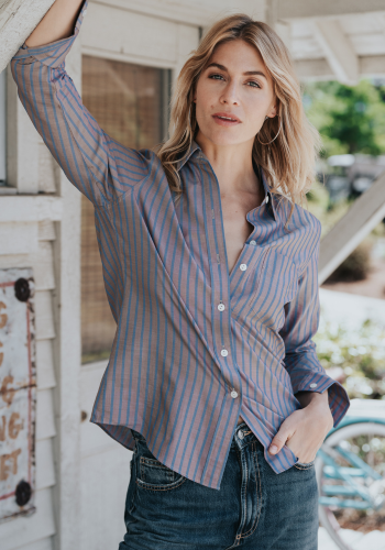 Button down shirts for women by Sarah Alexandra, designer of luxury womens clothing. Button-down shirt features two-piece collar, front pocket, and beveled placket.