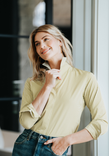 Sarah Alexandra luxury womens clothing Signature Shirt collection with one-piece collar, concealed front placket, and chamfer cuffs