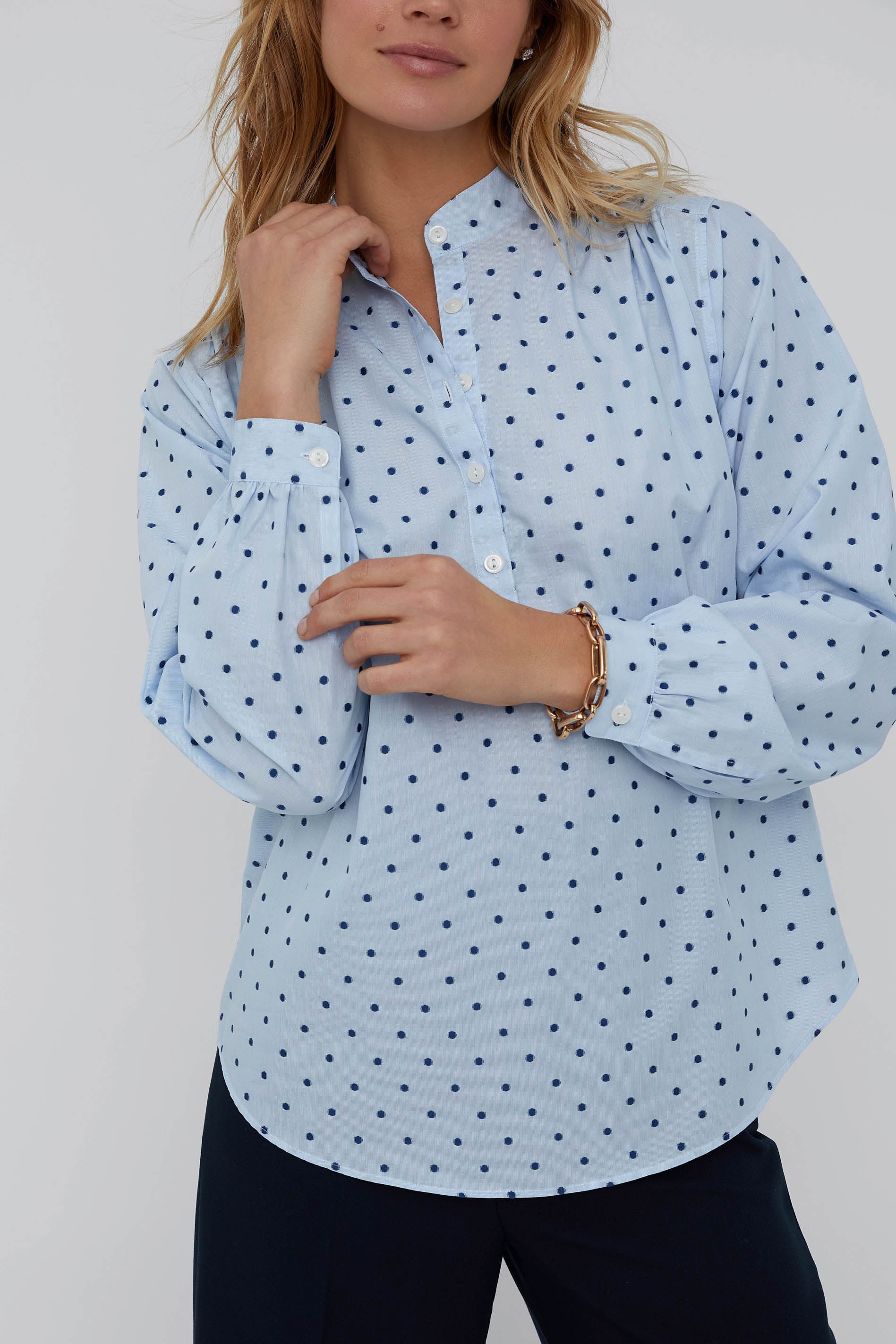 Sarah Alexandra luxury womens clothing - boho pullover shirt with banded collar, ruched shoulders, and open placket