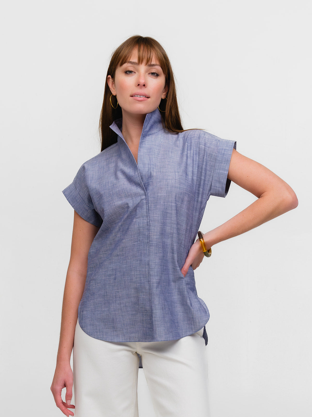 Blue Denim Cap Sleeve Shirt for Women