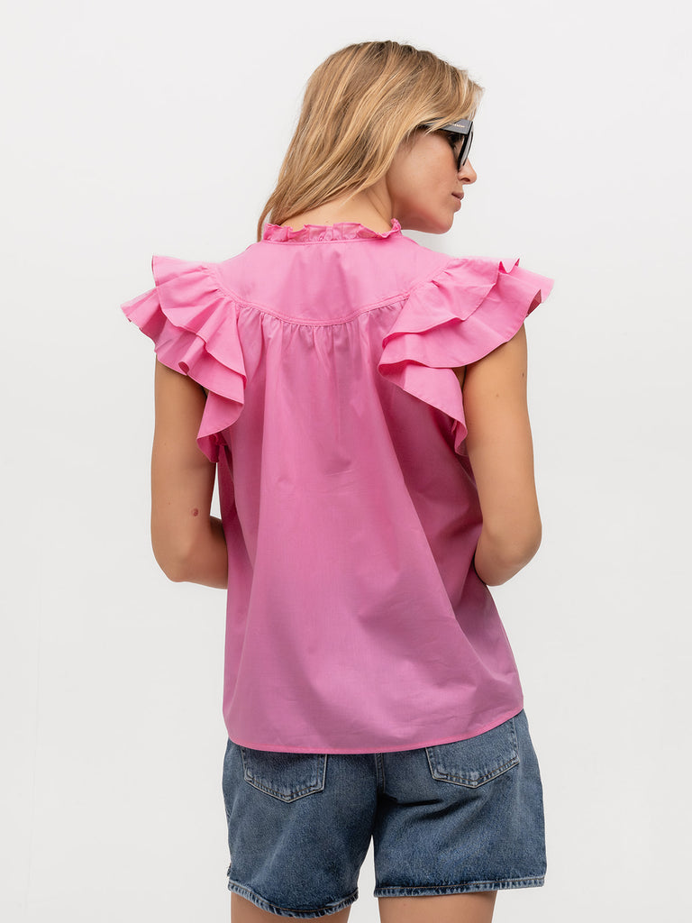 Back of a designer hot pink flutter sleeve top