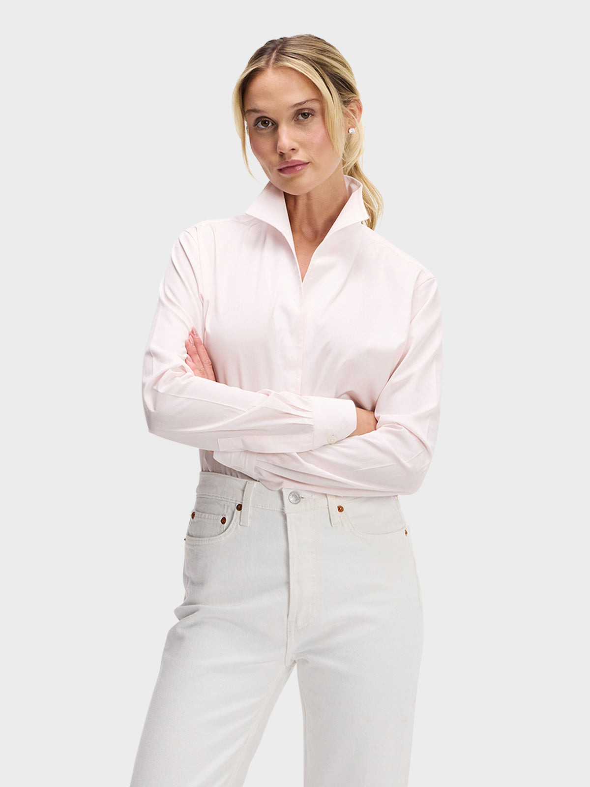 Sarah Alexandra luxury womens clothing Signature Shirt collection with one-piece collar, concealed front placket, and chamfer cuffs