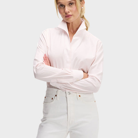 Sarah Alexandra luxury womens clothing Signature Shirt collection with one-piece collar, concealed front placket, and chamfer cuffs