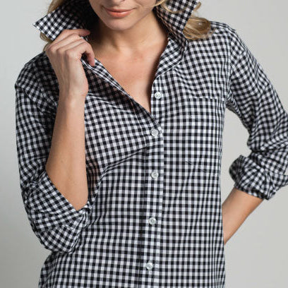Button down shirts for women by Sarah Alexandra, designer of luxury womens clothing. Button-down shirt features two-piece collar, front pocket, and beveled placket.