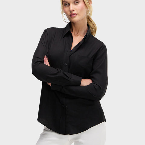 Button down shirts for women by Sarah Alexandra, designer of luxury womens clothing. Button-down shirt features two-piece collar, front pocket, and beveled placket.