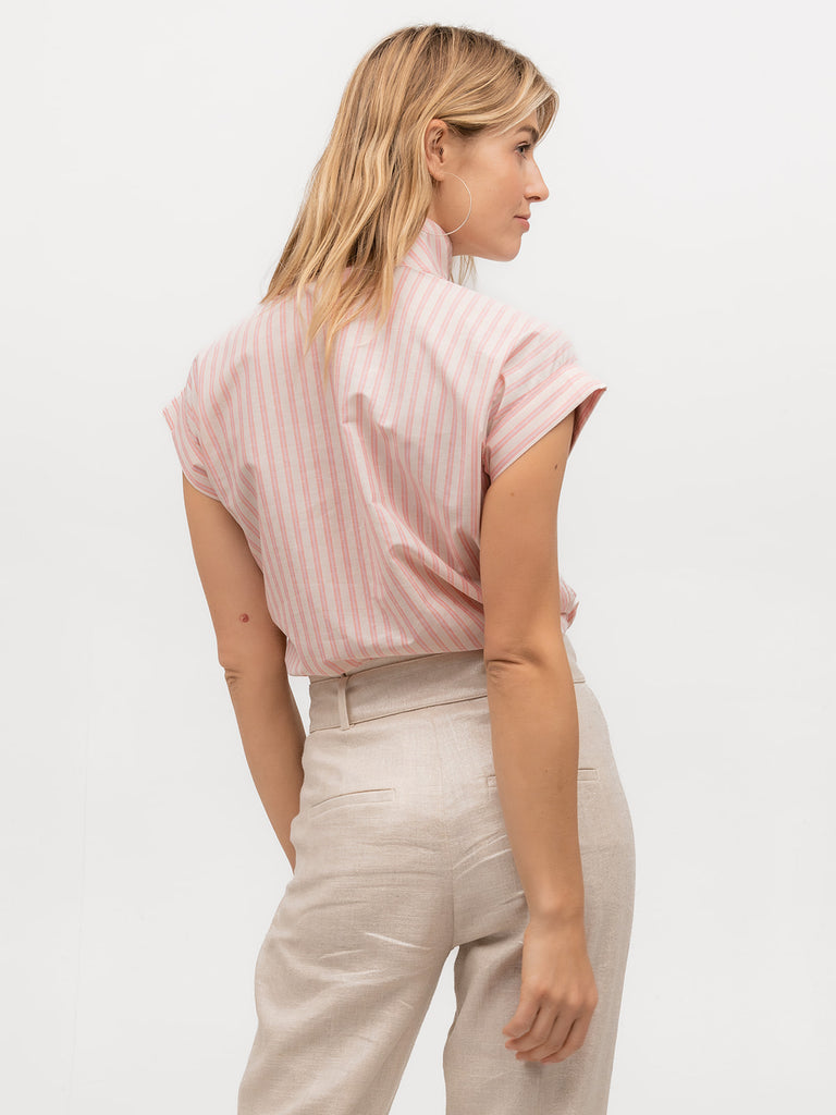 Back of a short sleeve top with pink and white stripes