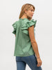 Back of a feminine green flutter sleeve shirt