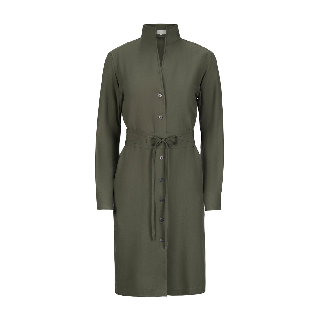 Designer long sleeve shirt dress in army green