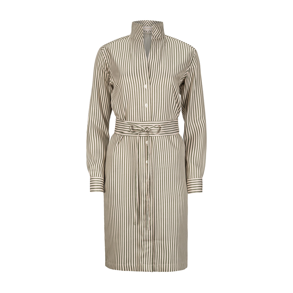 Designer shirt dress with green and cream vertical striped pattern